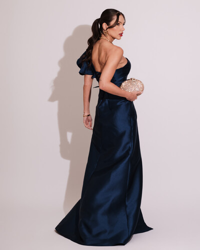 FotoVestido de Festa Longo um Ombro Tomara que Caia Zibeline Azul Marinho