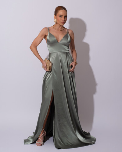 Foto Vestido de Festa Longo Cetim Decote em V e Fenda Verde Menta