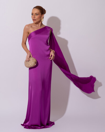 Foto Vestido de Festa Longo Cetim Um Ombro Só Detalhe Lenço Fúcsia
