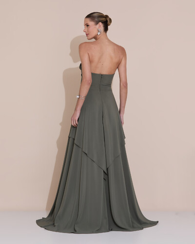 Foto Vestido de Festa Longo Tomara que Caia Crepe Chiffon Drapeado Camadas Verde Oliva