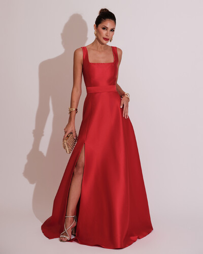 Foto Vestido de Festa Longo Zibeline com Fenda e Faixa Vermelho