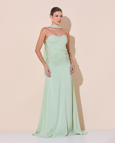 Foto Vestido de Festa Longo Decote Coração Crepe Chiffon Drapeado Plissado Lenço Verde Menta New