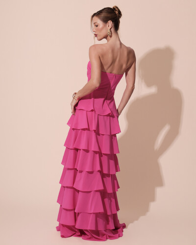 FotoVestido Longo Crepe Chiffon Tomara que Caia Plissado em Camadas Pink