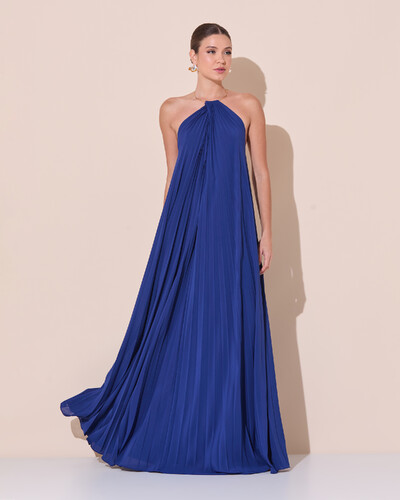 Foto Vestido de Festa Longo Frente Única Plissado Crepe Chiffon Argola Azul Marinho