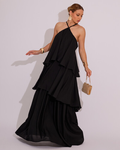 Foto Vestido Longo Babado em Camadas Preto