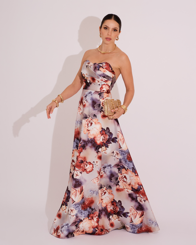 Foto Vestido de Festa Longo Tomara que Caia Estampado Decote Drapeado Floral