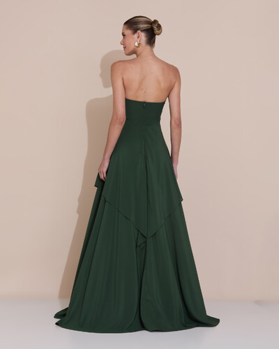 Foto Vestido de Festa Longo Tomara que Caia Crepe Chiffon Drapeado Camadas Verde Escuro New