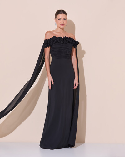 Foto Vestido de Festa Longo Ombro a Ombro Plissado Crepe Chiffon Capa Flor 3D Preto