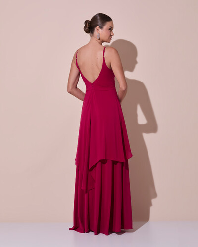 Foto Vestido de Festa Longo Decote Coração Plissado Crepe Chiffon Babados Cascata Cereja