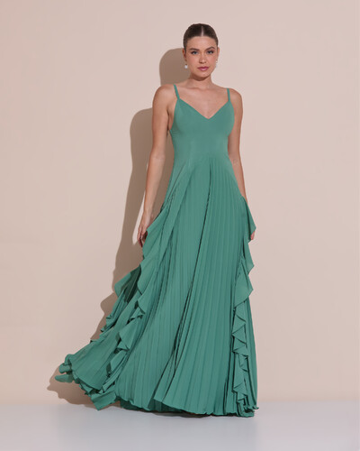 Foto Vestido de Festa Longo Crepe Chiffon Alça Fina Saia Plissada com Babado Cascata Verde Matcha Escuro