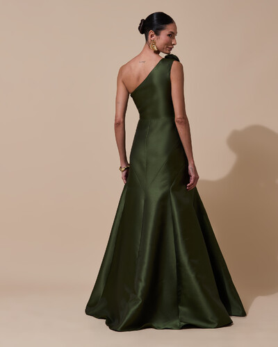 Foto Vestido de Festa Longo Zibeline um Ombro Só Flor Removível Saia Sereia Verde Oliva New