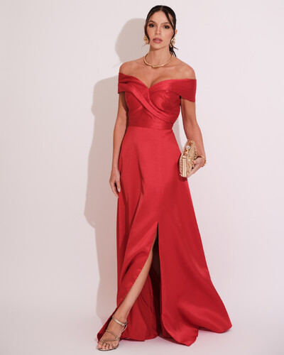 Foto Vestido de Festa Longo Zibeline Ombro a Ombro com Fenda Vermelho