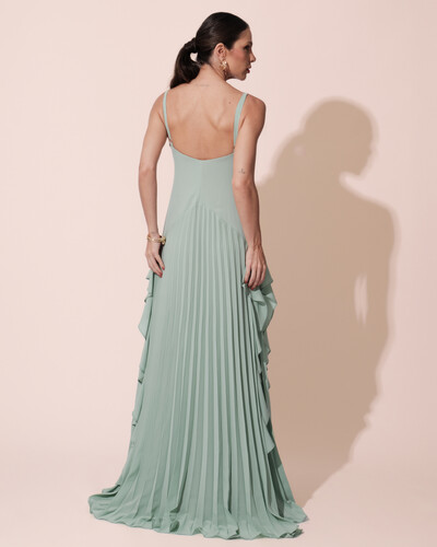 FotoVestido de Festa Longo Crepe Chiffon Alça Fina Saia Plissada com Babado Cascata Verde Menta