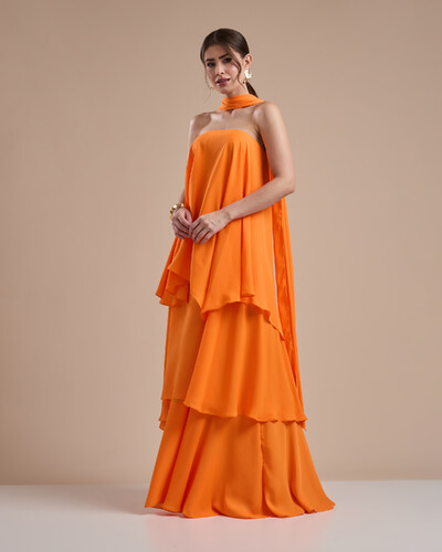 Foto Vestido de Festa Longo Chiffon Crepe em Camadas com Lenço Laranja