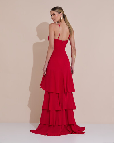 Foto Vestido Longo Crepe com Babado em Camadas Vermelho