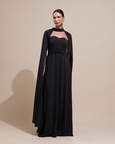 Foto Vestido de Festa Longo Tomara Que Caia Crepe Chiffon Drapeado Capa Preto