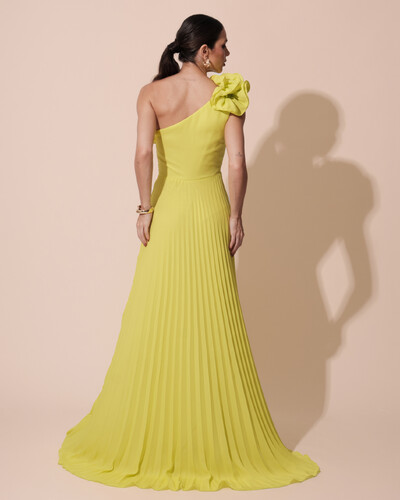 FotoVestido de Festa um Ombro Só Flor Saia Plissado Verde Lima