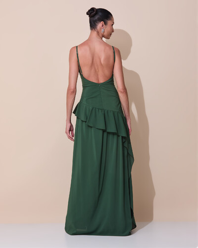 Foto Vestido de Festa Longo Decote Drapeado Crepe Chiffon Fenda Babado Camadas Verde Escuro New