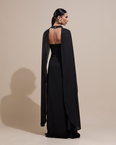 Foto Vestido de Festa Longo Tomara Que Caia Crepe Chiffon Drapeado Capa Preto