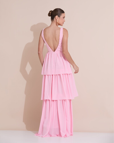 Foto Vestido de Festa Longo Decote V Crepe Chiffon Plissado Camadas Babado Rosa Claro