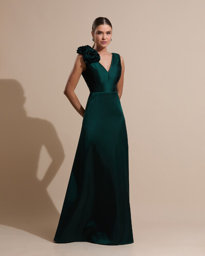 Foto Vestido de Festa longo Zibeline Decote em V com Flores Removivel Verde Escuro