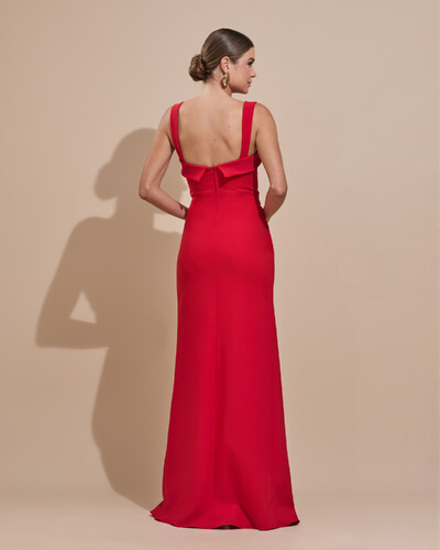 FotoVestido de Festa Longo Alfaiataria Decote Coração com Alças e Fenda Vermelho