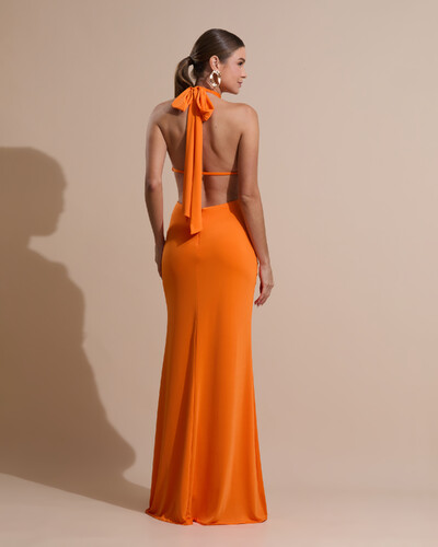 Foto Vestido de Festa Longo Malha Jersey Gola Alta Saia Sereia Laranja