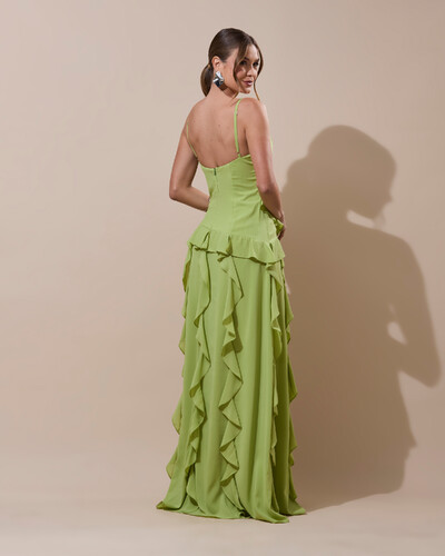 Foto Vestido de Festa Longo Decote V Crepe Chiffon Babados Cascata e Fenda Verde Garden