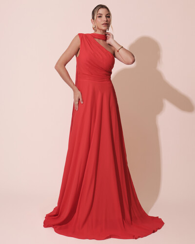Foto Vestido de Festa Longo Crepe Chiffon Um Ombro Só Drapeado com Lenço Vermelho New