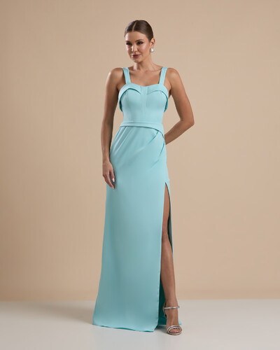 Foto Vestido de Festa Longo Alfaiataria Decote Coração com Alças e Fenda Tiffany