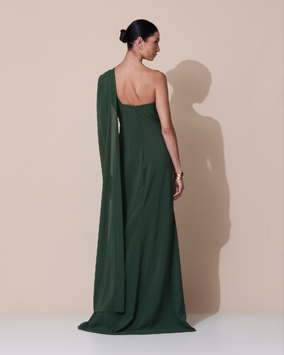 Foto Vestido de Festa Longo Crepe Chiffon Um Ombro Só Drapeado Verde Escuro New