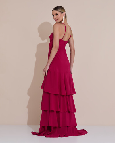 Foto Vestido Longo Crepe com Babado em Camadas Cereja
