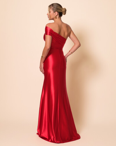 FotoVestido de Festa Longo Cetim Malha Metálico Ombro a Ombro Vermelho