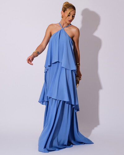 Foto Vestido Longo Babado em Camadas Azul Atlantis