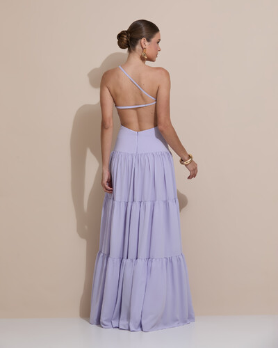 Foto Vestido de Festa Longo Um ombro Só Crepe Chiffon Saia Fluida Lilás Claro
