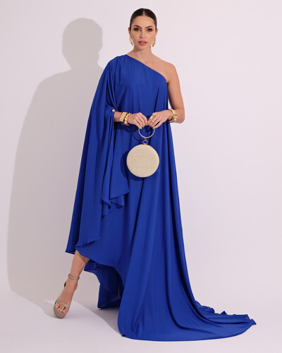 Foto Vestido de Festa um Ombro com Capa Crepe Fluido Azul Royal