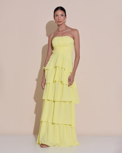 Foto Vestido de Festa Longo Tomara que Caia Drapeado Crepe Chiffon Babados Camadas Amarelo Manteiga
