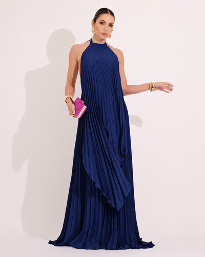 Foto Vestidos de Festa Longo Chiffon Fluido Frente Única Plissado Duplo Azul Marinho