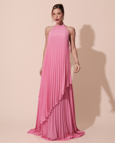 Foto Vestidos de Festa Longo Chiffon Fluido Frente Única Plissado Duplo Rosa