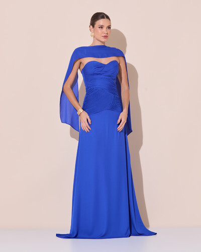 Foto Vestido de Festa Longo Decote Coração Crepe Chiffon Drapeado Plissado Lenço Azul Royal