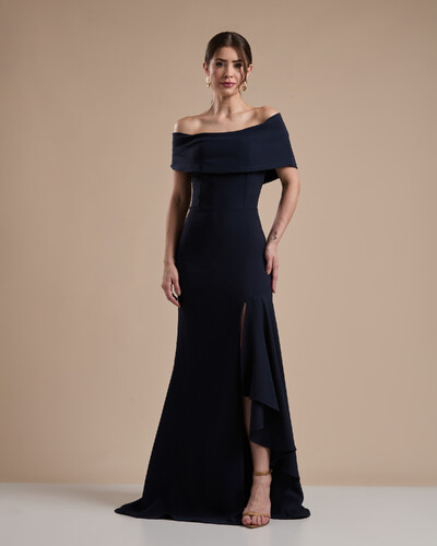 Foto Vestido de Festa Longo Alfaiataria Ombro a Ombro com Babado Cascata Azul Marinho Escuro