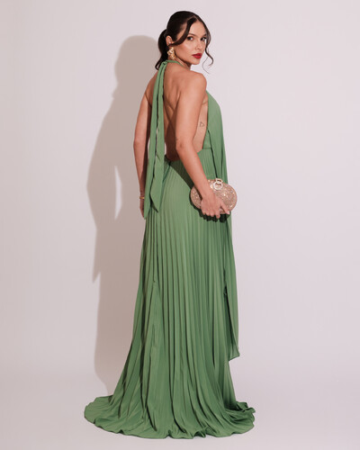 FotoVestidos de Festa Longo Chiffon Fluido Frente Única Plissado Duplo Verde Matcha