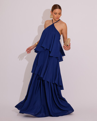 Foto Vestido Longo Babado em Camada Azul Marinho