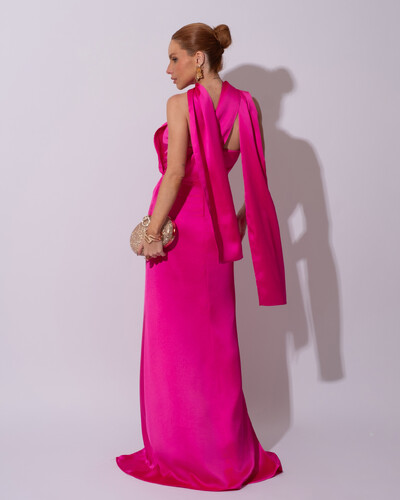 FotoVestido de Festa Longo Cetim Alfaiataria Tomara que Caia com Faixa Lenço Pink