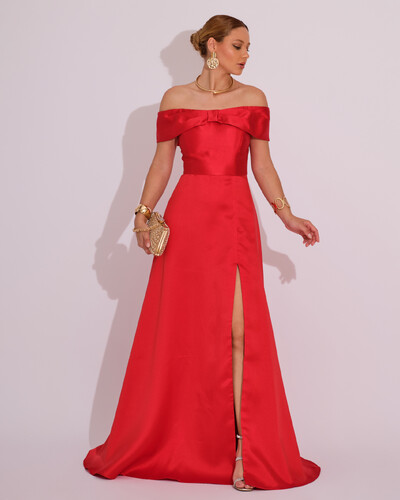 Foto Vestido de Festa Longo Ombro a Ombro Laço Zibeline com Fenda Vermelho