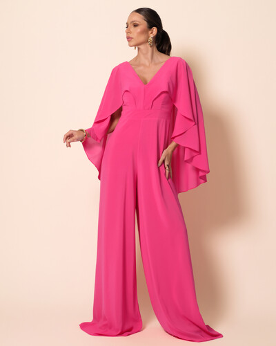 Foto Macacão de Festa Longo Crepe Chiffon com Capa Pink New