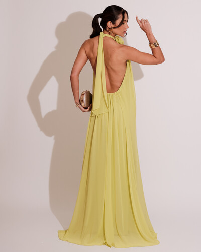 FotoVestido Longo Crepe Chiffon Frente Única Fluido Flor Removível Amarelo
