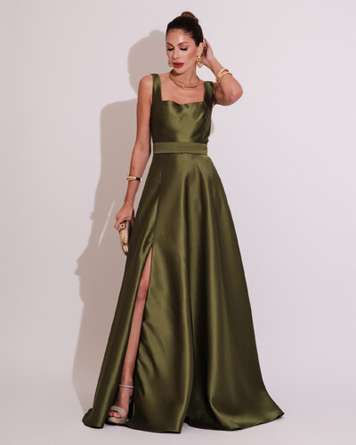 Foto Vestido de Festa Longo Zibeline com Fenda e Faixa Verde Oliva