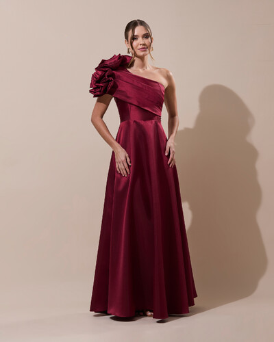 Foto Vestido de Festa Longo Zibeline um Ombro Só Flor Drapeado Marsala Escuro