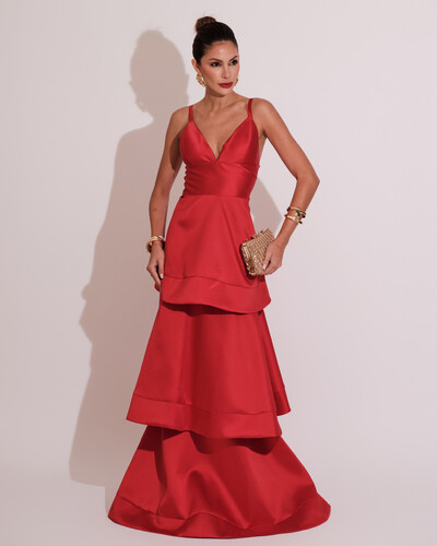 Foto Vestido de Festa Longo Zibeline em Camadas Decote em V com Alças Vermelho